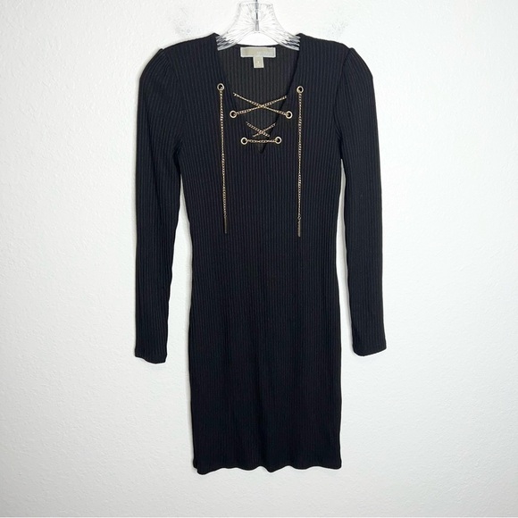 Michael Kors Dress Women Small Black Gold Lace Up Chain Long Sleeve Bodycon B17 - Picture 1 of 8